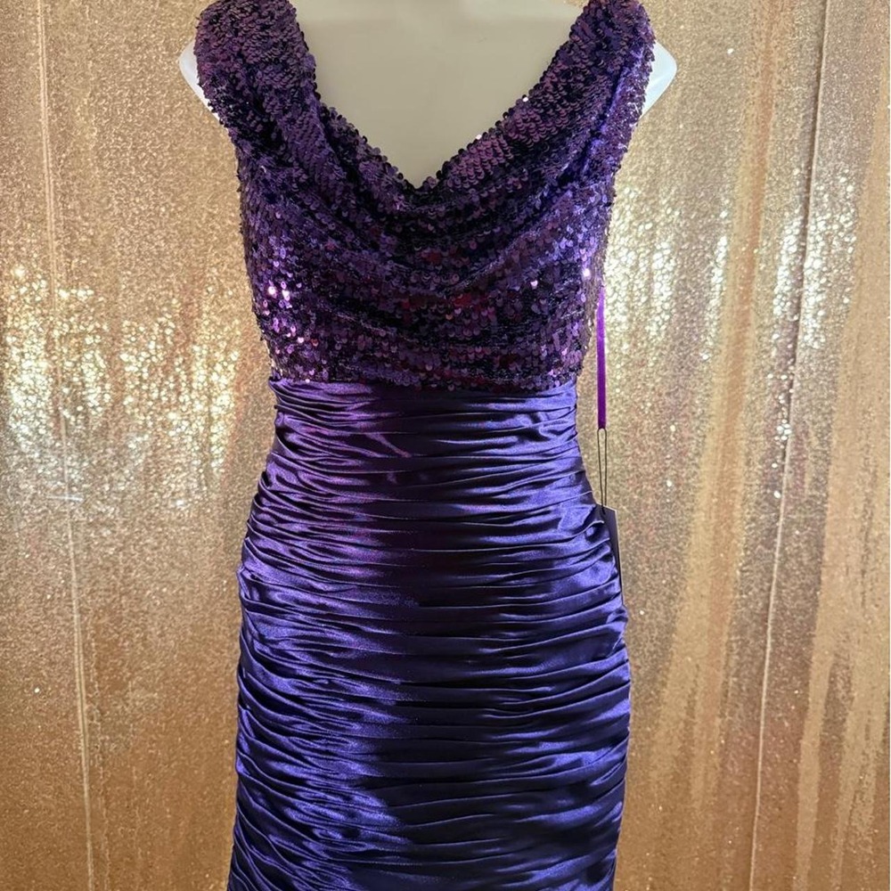 Purple Sequin Cowl Neck Ruched Satin Mini Dress Party Cocktail Glamour/Sizes S-M